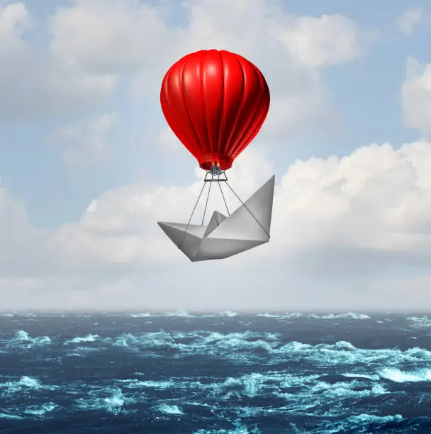 advantage concept and competitive business edge as a paper boat being lifted by a hot air balloon racing to the top giving an extra boost through innovation and clever thinking with a 3D render.
