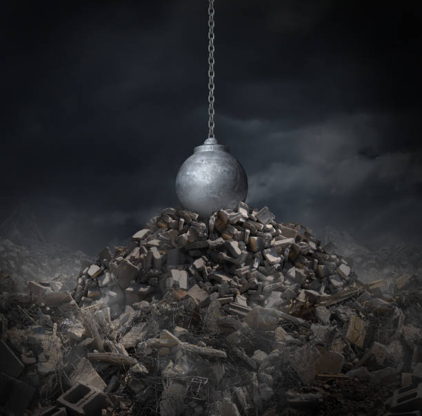 Urban Renewal Urban renewal and destruction or demolition of old architecture with a wrecking ball on ruins as a concept to make way for new construction and industrial and city planning with 3D render elements. deconstruct stock pictures, royalty-free photos & images