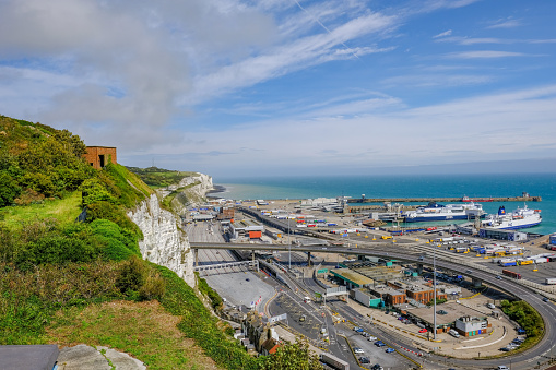 View along the cliffs with the Ferry Port in full operation. Shot taken in summer on a bright afternoon.