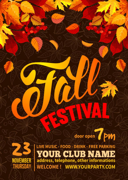 Fall festival Fall Festival flyer or poster template. Bright autumn leaves on dark background with line art leaves pattern. Calligraphic inscription Fall Festival and space for your text. Vector illustration. festival stock illustrations