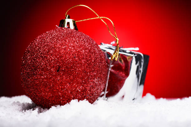 istock Christmas composition of Christmas tree toys on a red background 862443224