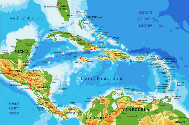 Central America and Caribbean Islands physical map Highly detailed physical map of Central America and Caribbean Islands,in vector format,with all the relief forms,regions and big cities. barbados map stock illustrations