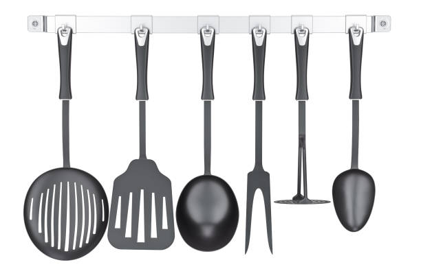 istock Set of kitchen utensils on a kitchen hook strip, 3D rendering isolated on white background 862445902