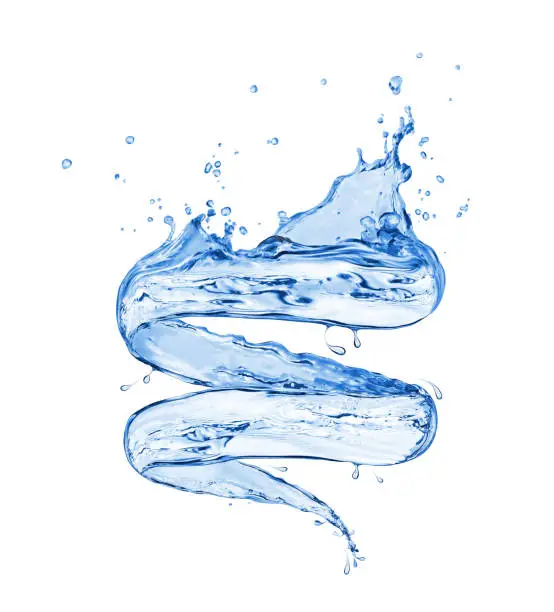 Photo of Splashes of fresh water in a swirling shape on white background