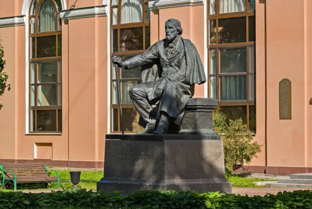 Photo of Monument to the famous Russian writer Ivan Sergeyevich Turgenev on Manezh square in Saint-Petersburg.