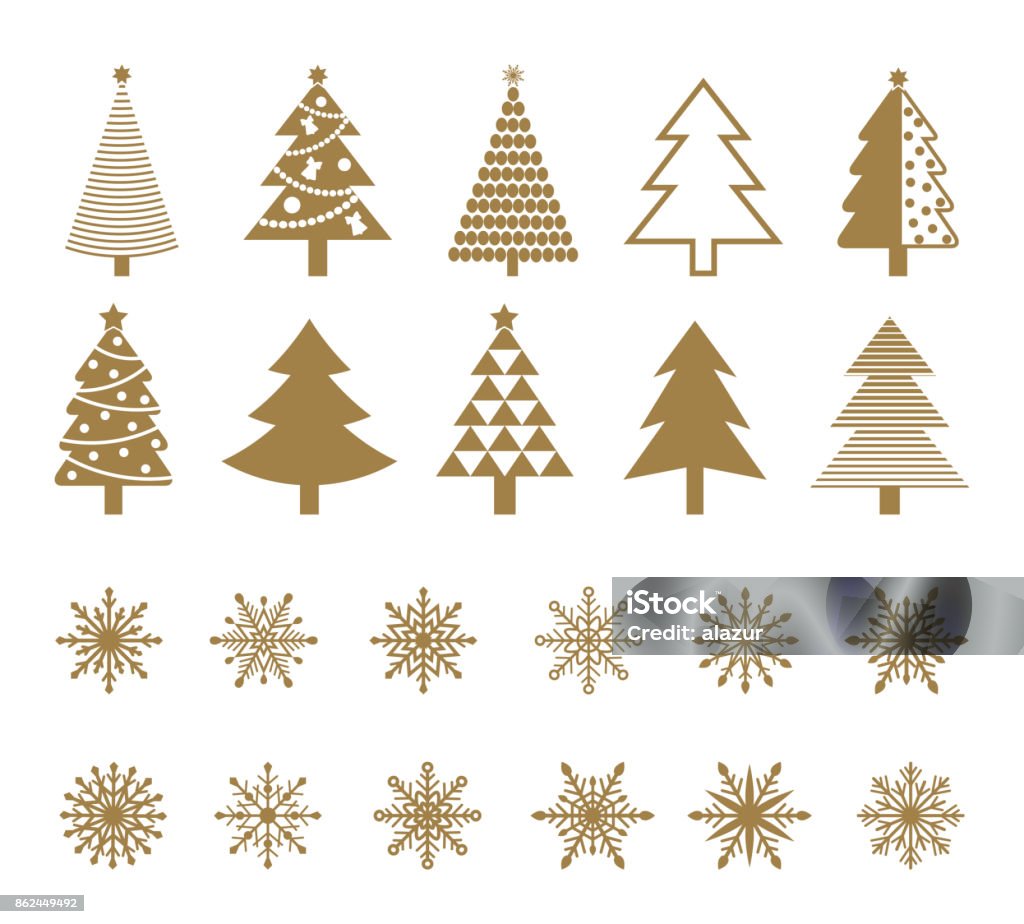 Conjunto de iconos del árbol de Navidad y copos de nieve. - arte vectorial de Árbol de navidad libre de derechos