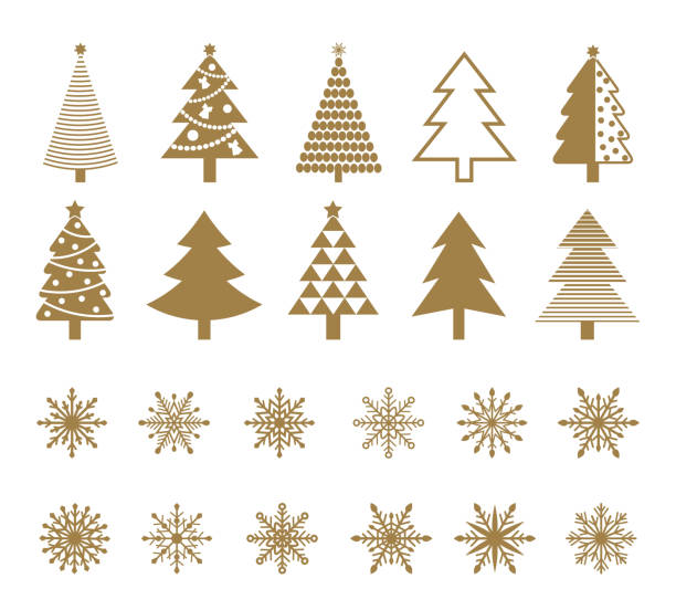 ilustraciones, imágenes clip art, dibujos animados e iconos de stock de conjunto de iconos del árbol de navidad y copos de nieve. - christmas tree