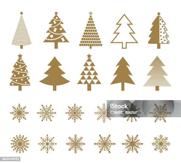 Set Of Snowflakes And Christmas Tree Icons Stock Illustration - Download Image Now - Christmas Tree, Vector, Icon Symbol