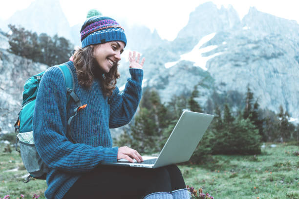 Woman using laptop in the wild stock photo