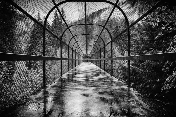 A fenced in footbridge over railroad tracks on a hiking trail in western Montana.