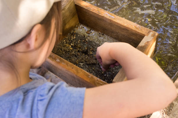 Little girl sluicing for gems in Julian, CA 7 year old girl is sluicing for gems in the old mining town of Julian, California.  She using a sluice box and running water to sift through the sand, with the hopes of uncovering precious gems and gold within the sand. sifting stock pictures, royalty-free photos & images