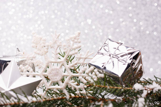 istock Christmas composition of Christmas tree toys on a silver background 862464848