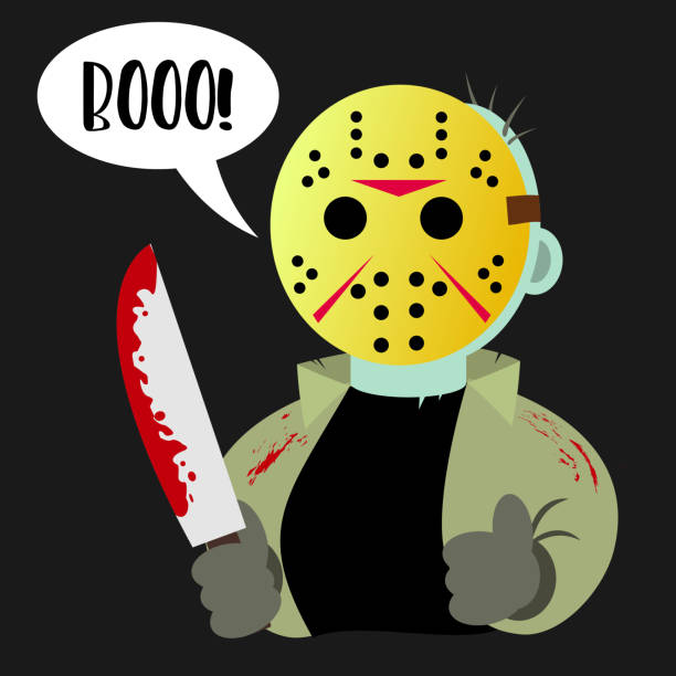 illustrations, cliparts, dessins animés et icônes de carte de voeux halloween heureux avec le tueur en série - hockey mask