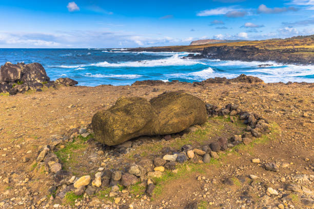 Motu Nui Island and the smaller Motu Iti Island with Motu Kao Kao Sea Stack as Seen from Orongo Village on Easter Island, Chile