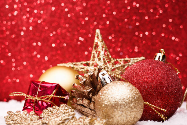 istock Christmas composition of Christmas tree toys on a red background 862472230