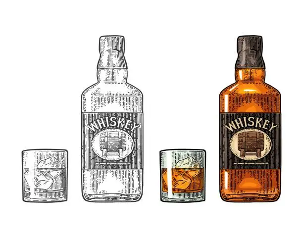 Vector illustration of Whiskey glass with ice cubes and bottle label with barrel