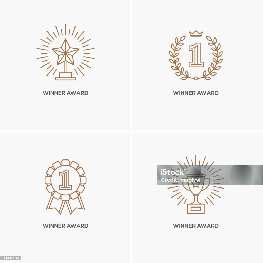 Set of four linear winner awards. Set of four linear awards: trophy or winner cup, star and medal with number one. Victory, success, achievement symbol. Contest gold winner, sport champion emblem. Icon Symbol stock vector