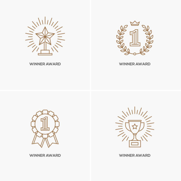 Set of four linear winner awards. Set of four linear awards: trophy or winner cup, star and medal with number one. Victory, success, achievement symbol. Contest gold winner, sport champion emblem. winners cup icon stock illustrations