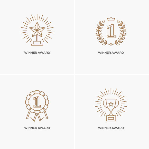 Set of four linear winner awards. Set of four linear awards: trophy or winner cup, star and medal with number one. Victory, success, achievement symbol. Contest gold winner, sport champion emblem. first stock illustrations