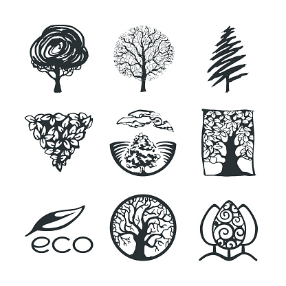 Vector set of tree logo and icons. Design template, badges, labels and logotype for business