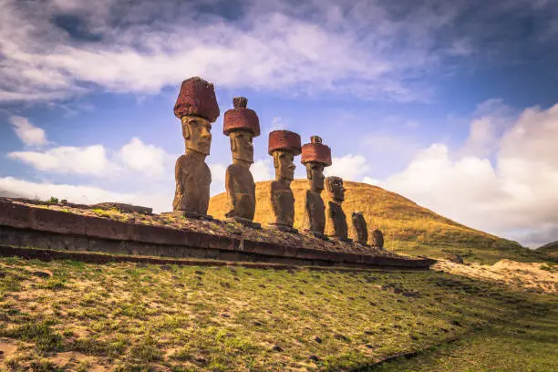 Photo of Anakena beach, Easter Island - July 10, 2017: Moai altar of Anakena beach, Easter Island