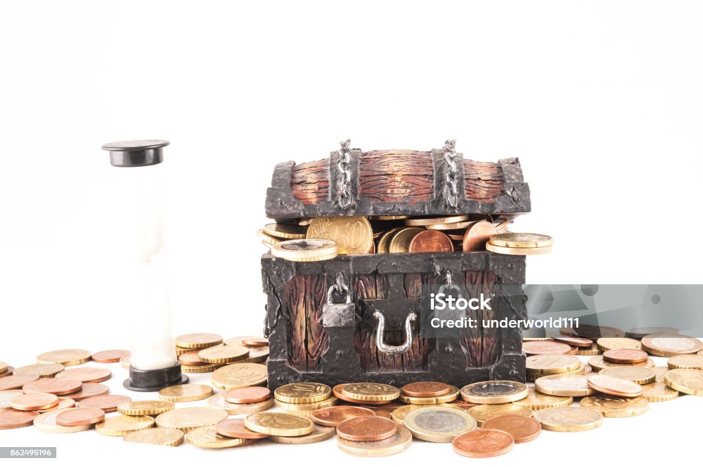 Business Money Concept Idea Picture of a Business Money Concept Idea, Treasure Trunk and Money Chocolate Coin Stock Photo