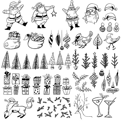 Hand Drawn Vintage Christmas Elements including Santa, evergreens and many other items.