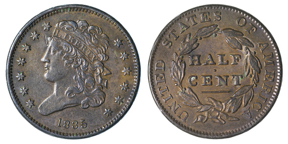 Front and Back (Obverse & Reverse) of a U.S. 1835 Half Cent