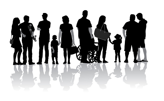 A vector silhouette illustration of a group of people in a line including men, women, children, and adults with one person in a wheelchair.