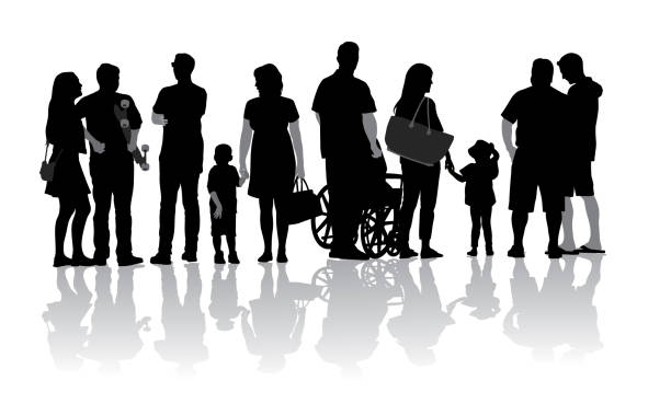 Diversity Sidewalk Crowds A vector silhouette illustration of a group of people in a line including men, women, children, and adults with one person in a wheelchair. body talk stock illustrations