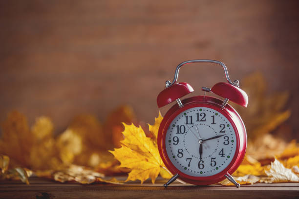 istock Vintage alarm clock and maple tree leaves 862511982