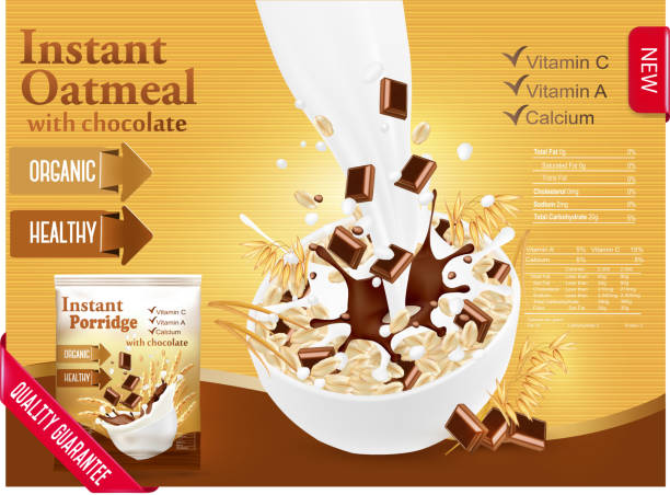 ilustraciones, imágenes clip art, dibujos animados e iconos de stock de avena instantánea con concepto de anuncio de chocolate. - oatmeal oat box container