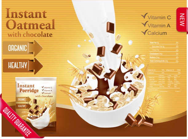 ilustrações, clipart, desenhos animados e ícones de aveia instantânea com conceito de anúncio de chocolate. - oat packaging oatmeal box