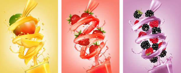 Set of labels of of fruit in juice splashes. Set of labels of of fruit in juice splashes. Mango, strawberry, raspberry, blackberry. Vector. mango jam stock illustrations