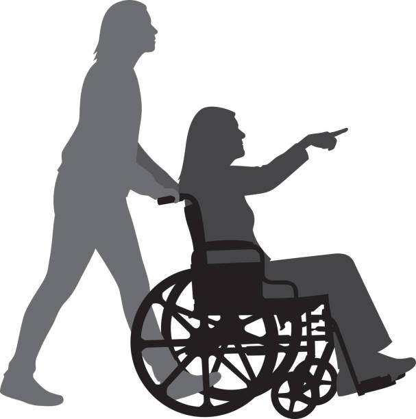 Woman in Wheelchair Pointing Silhouette Vector silhouette of a older woman in a wheelchair pointing while a younger woman pushes her wheelchair. nurse silhouettes stock illustrations