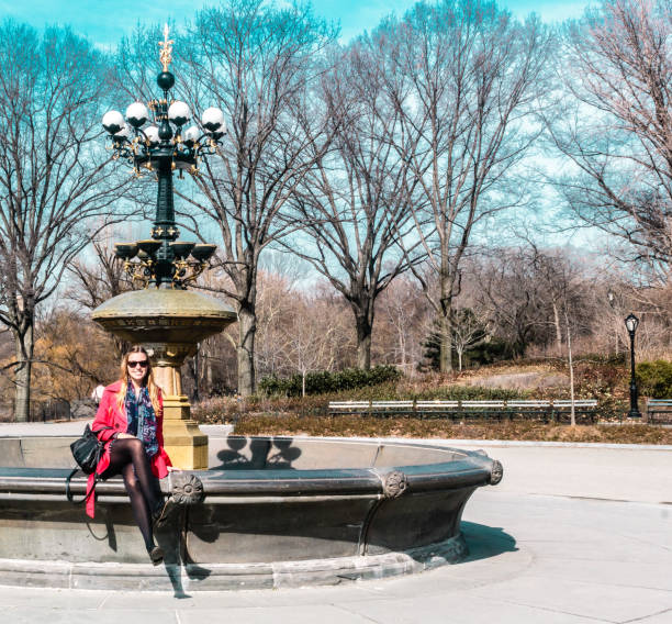 マンハッタン、ニューヨーク市で友人の泉で女の子 - overcast day new york city manhattan ストックフォトと画像