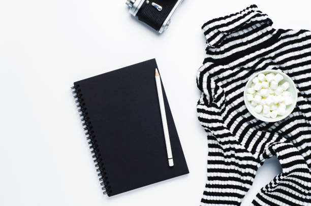 istock Striped women's blouse old camera and sketchbook on a white background 862521796