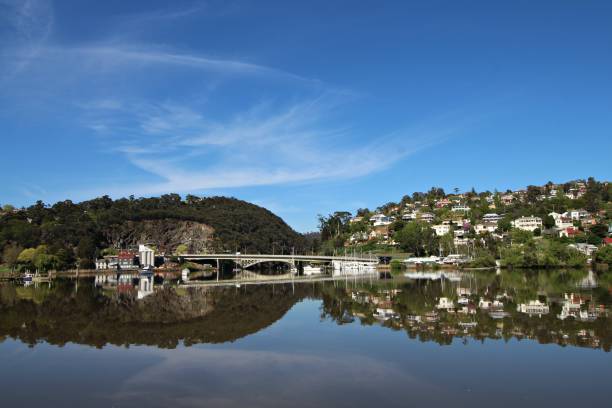 Launceston Seaport view from the Launceston seaport walk over the Tamar River with the residential area in the background launceston tasmania stock pictures, royalty-free photos & images