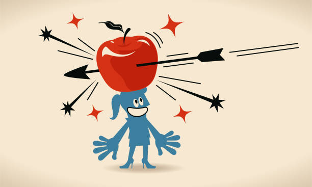 Arrow hitting a big apple on a businesswoman (woman, girl) head Blue Little Guy Characters Full Length Vector art illustration.Copy Space. shot apple stock illustrations
