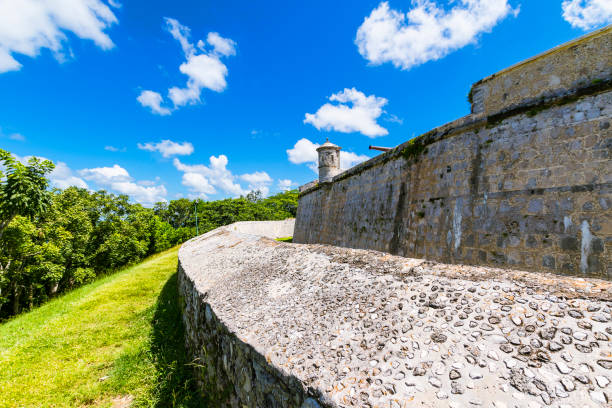 View of a corner of the San Miguel Fort, with a bartizan on top and the moat below, unesco world heritage site