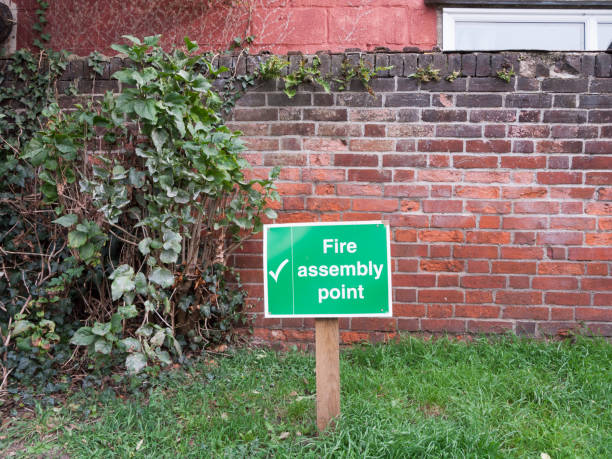 istock green fire assembly point wooden sign post outside safety 862538568