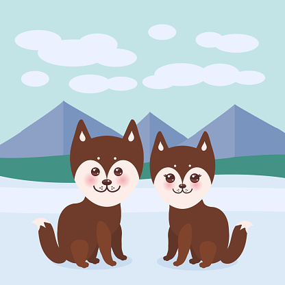 Kawaii funny brown husky dog, face with large eyes and pink cheeks, boy and girl, mountain landscape background. Vector illustration