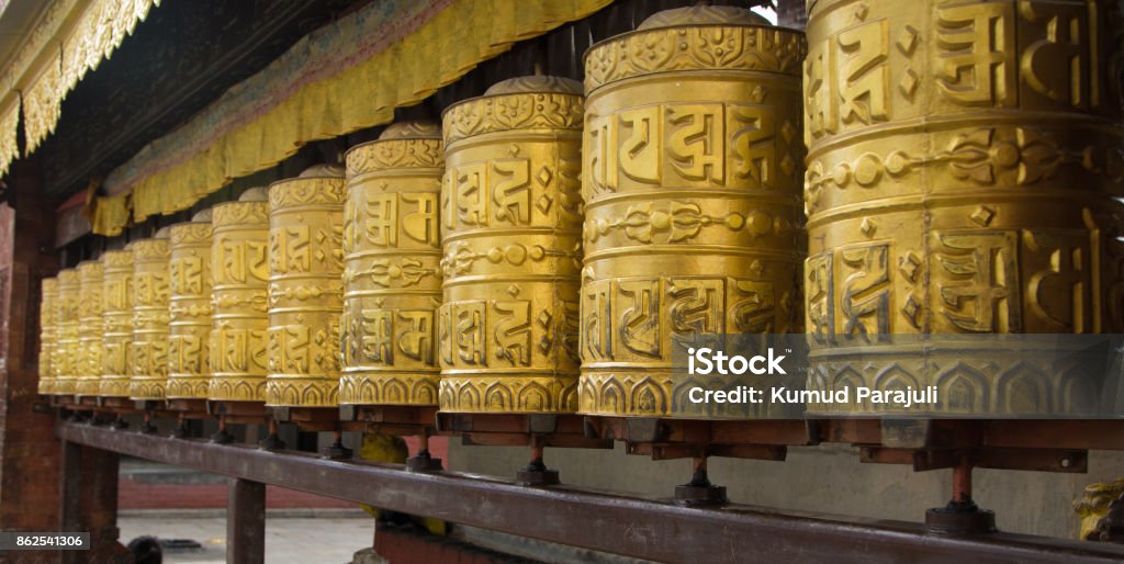 Buddhist Prayer Wheels Ancient Stock Photo