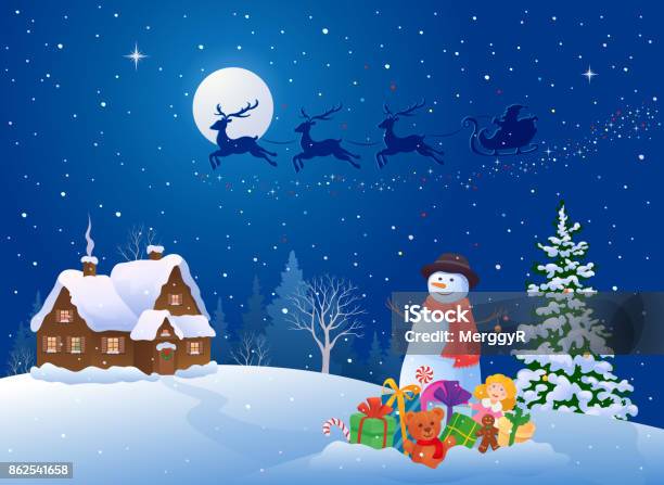 Snowman With Presents Stock Illustration - Download Image Now - Christmas Tree, Gift, Animal Sleigh
