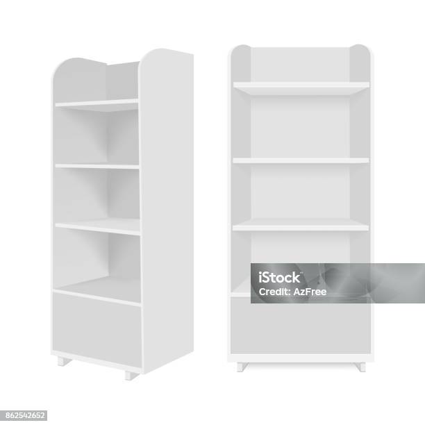 Blank Empty Showcase Display With Retail Shelves Vector Mock Up Template Ready For Your Design Stock Illustration - Download Image Now