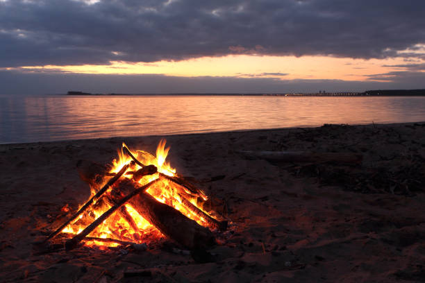 falò in fiamme sulla riva del fiume al tramonto - siberia river nature photograph foto e immagini stock