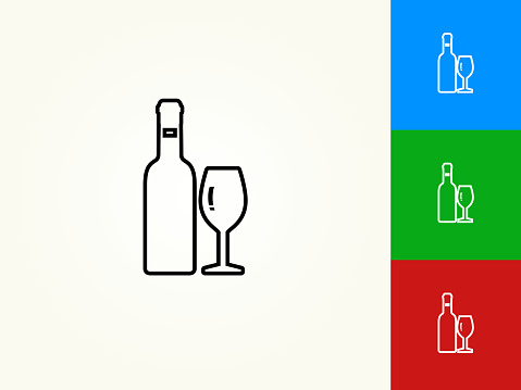 Wine Black Stroke Linear Icon. This royalty free vector illustration is featuring a black outline linear icon on a light background. The stroke is editable and the width of the line can be easily adjusted. The icon can also be converted to have a black fill color. The download includes 3 additional versions of this icon on blue, green and red background.