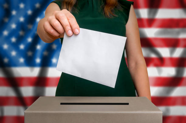 미국-투표 함에서 투표에 선거 - voting ballot human hand envelope photography 뉴스 사진 이미지