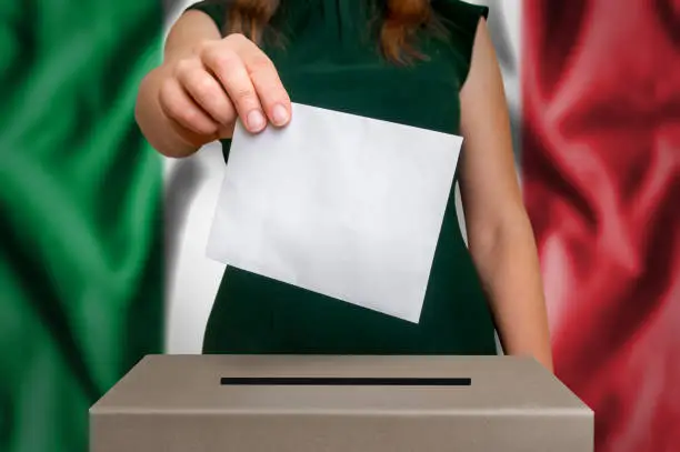 Election in Italy - voting at the ballot box. The hand of woman putting her vote in the ballot box. Flag of Italy on background.