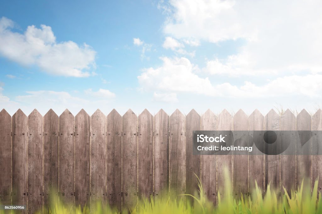 Wooden fence on green garden Wooden fence on green garden against blue sky background Blue Stock Photo